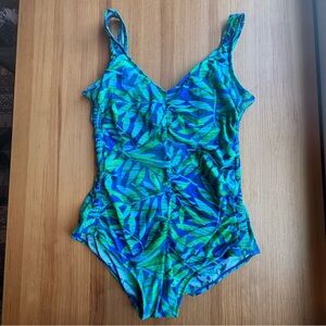 Beach Cabana L vintage Y2K blue green nylon blend tropical one piece swimsuit